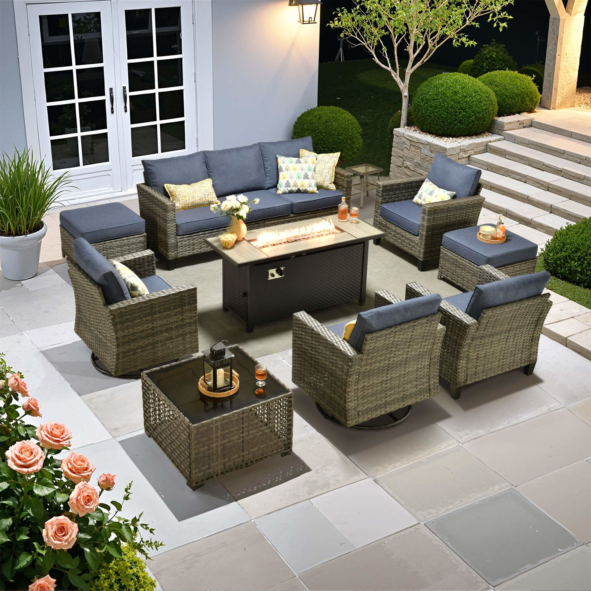 OVIOS 10-Piece Patio Conversation Set Review: Fire Pit Table, Swivel Chairs and Solar Light